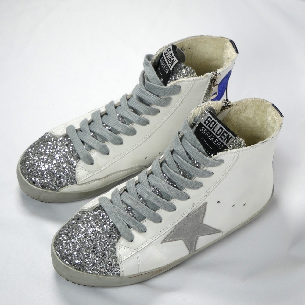 Golden Goose Francy Hightop Sneakers White Leather Silver Glitter Star Zip Women - Picture 3 of 12